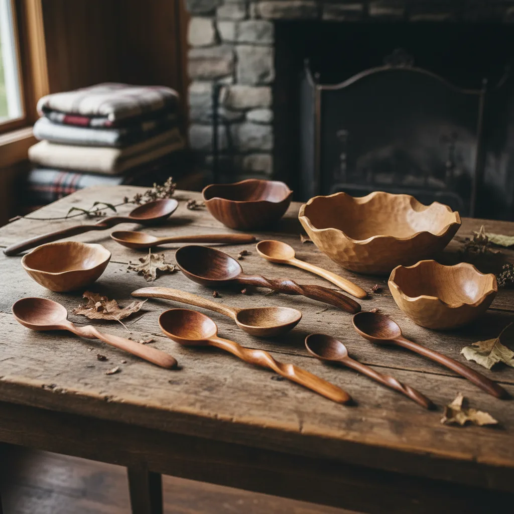 Hand carved wooden spoons and bowls in walnut and cherry