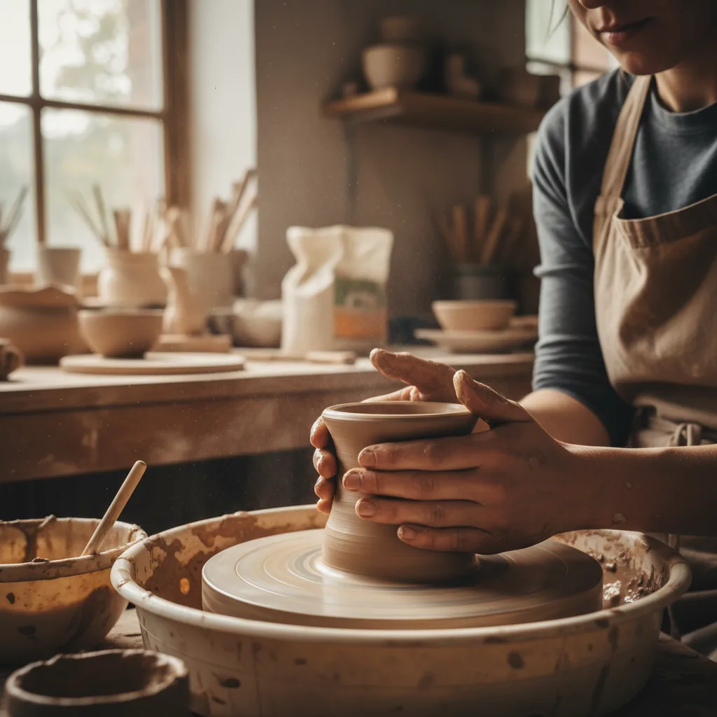 Tennessee potter shaping a stoneware bowl on the wheel