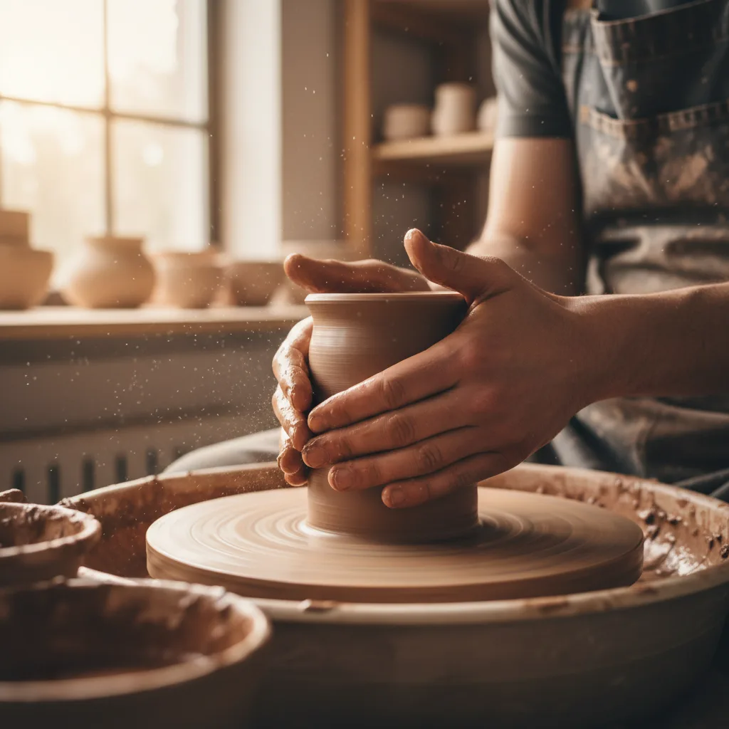 Close-up of Elena Voss's hands centering clay on the potter's wheel