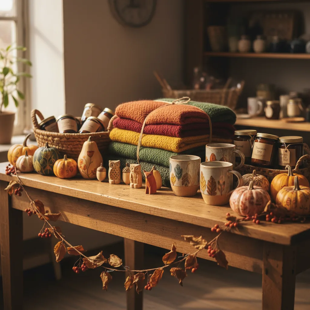 Seasonal collection of handmade pottery, textiles and wooden goods arranged on a table