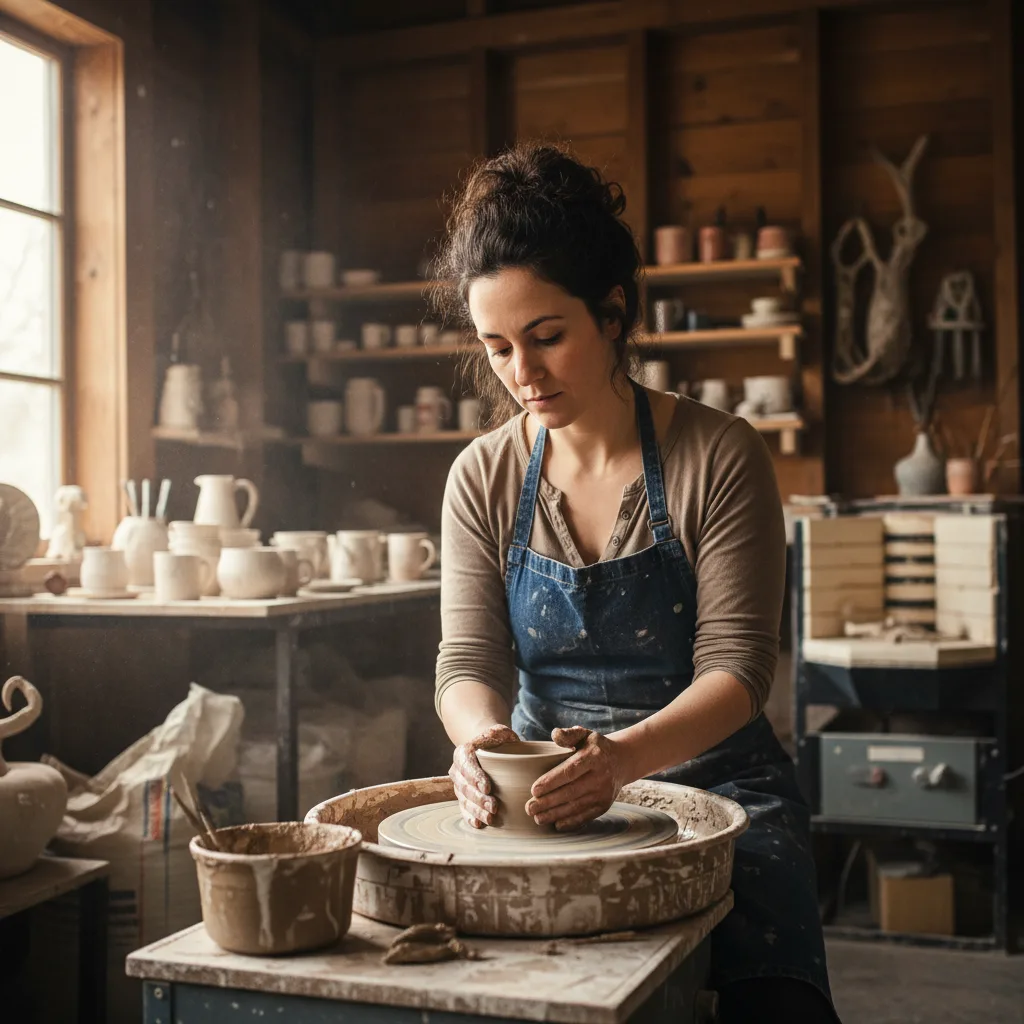 Elena Voss shaping a clay vessel on her pottery wheel