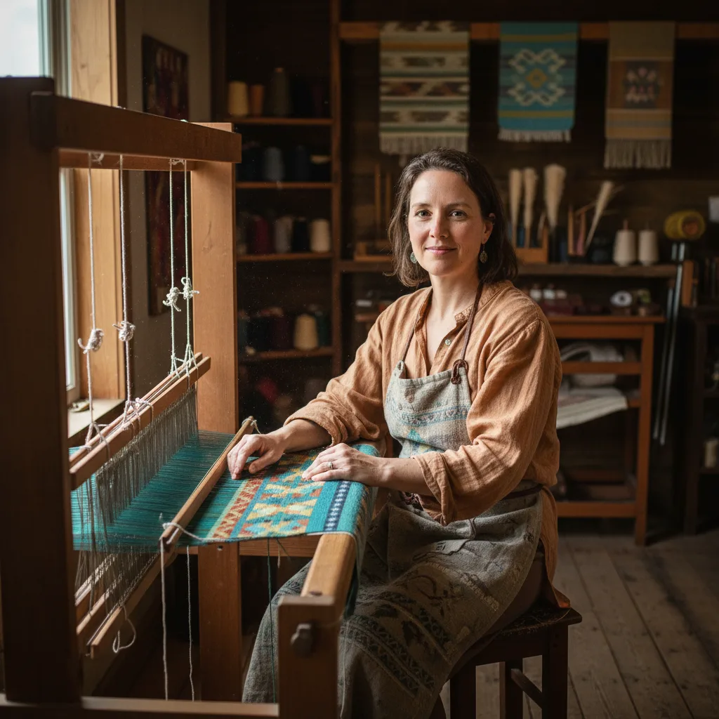 Lila Beaumont threading a traditional floor loom with hand-dyed yarn