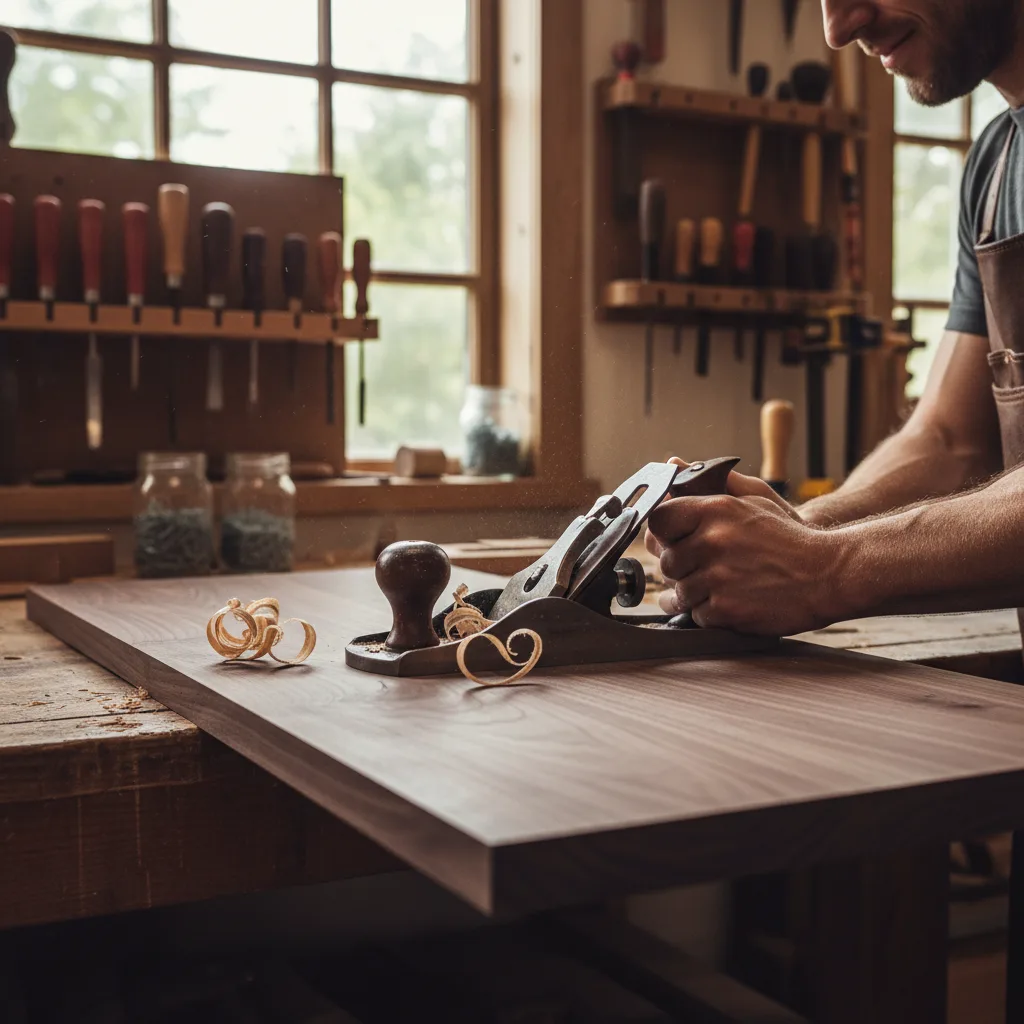 Marcus Hale using a hand plane on a piece of reclaimed walnut