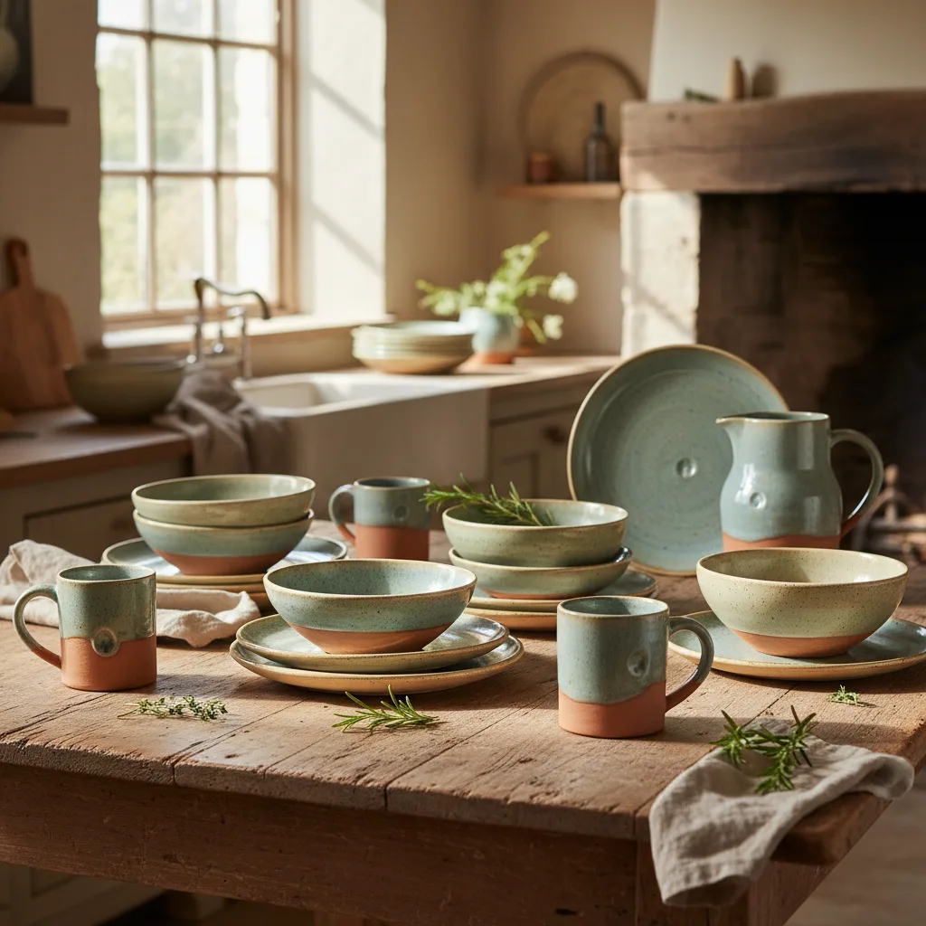 Earthy ceramic bowls and plates with textured glazes