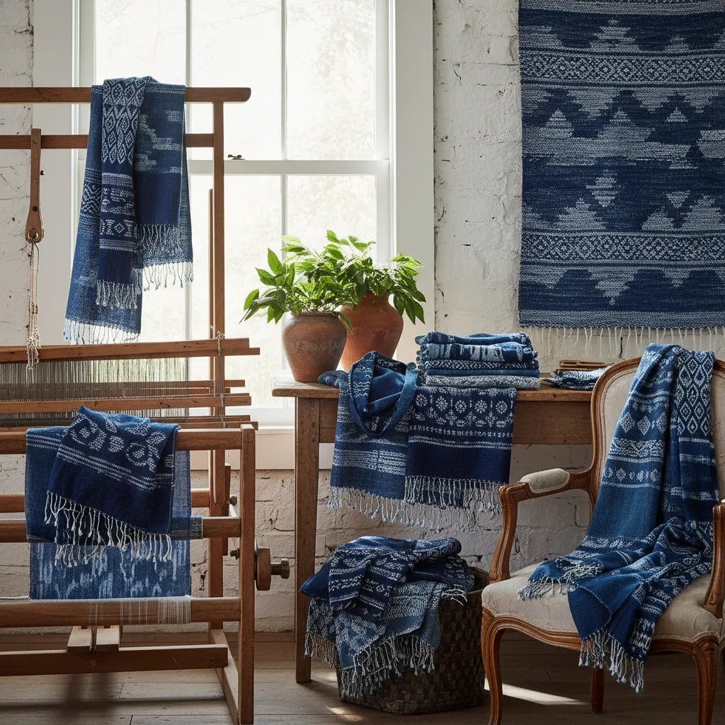 Indigo dyed woven textiles and linen pillows