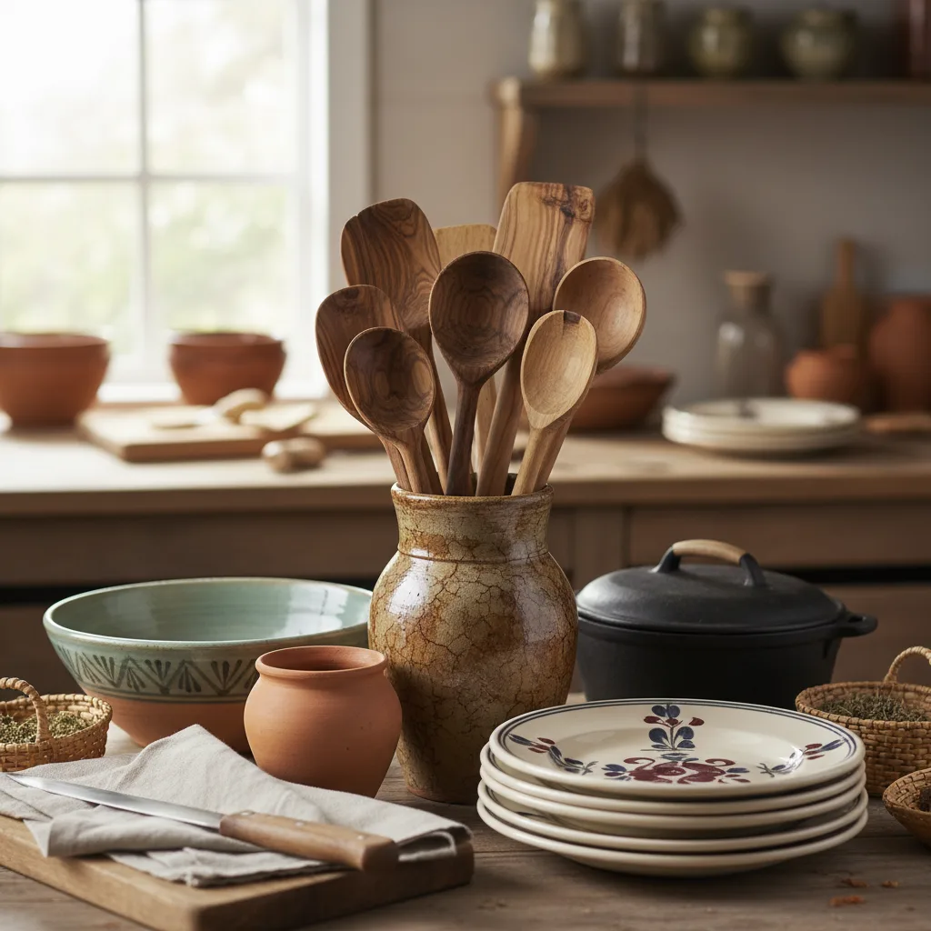 Heritage Kitchen collection featuring hand-turned wooden utensils and ceramic bowls