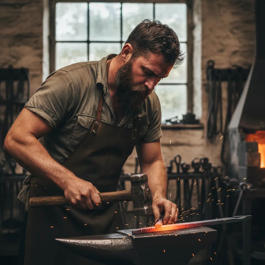 Theo Grant hammering a red-hot iron tool on his anvil