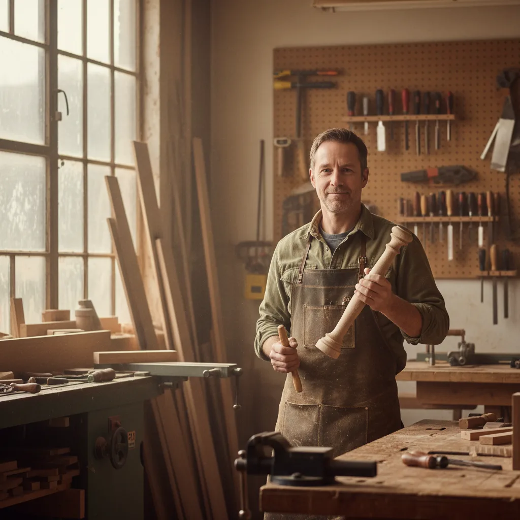 Marcus Hale sanding a handcrafted walnut chair in his Tennessee workshop