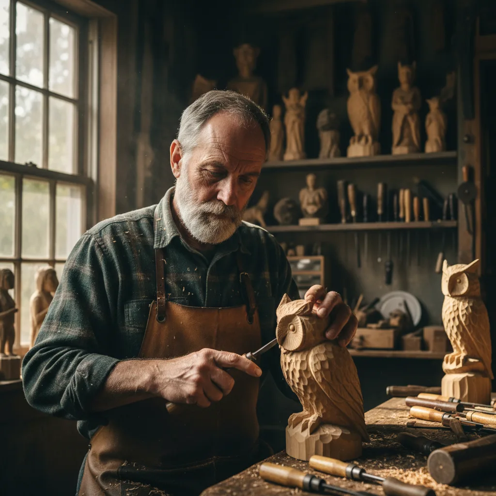Marcus Hale carving a wooden spoon in his Tennessee workshop
