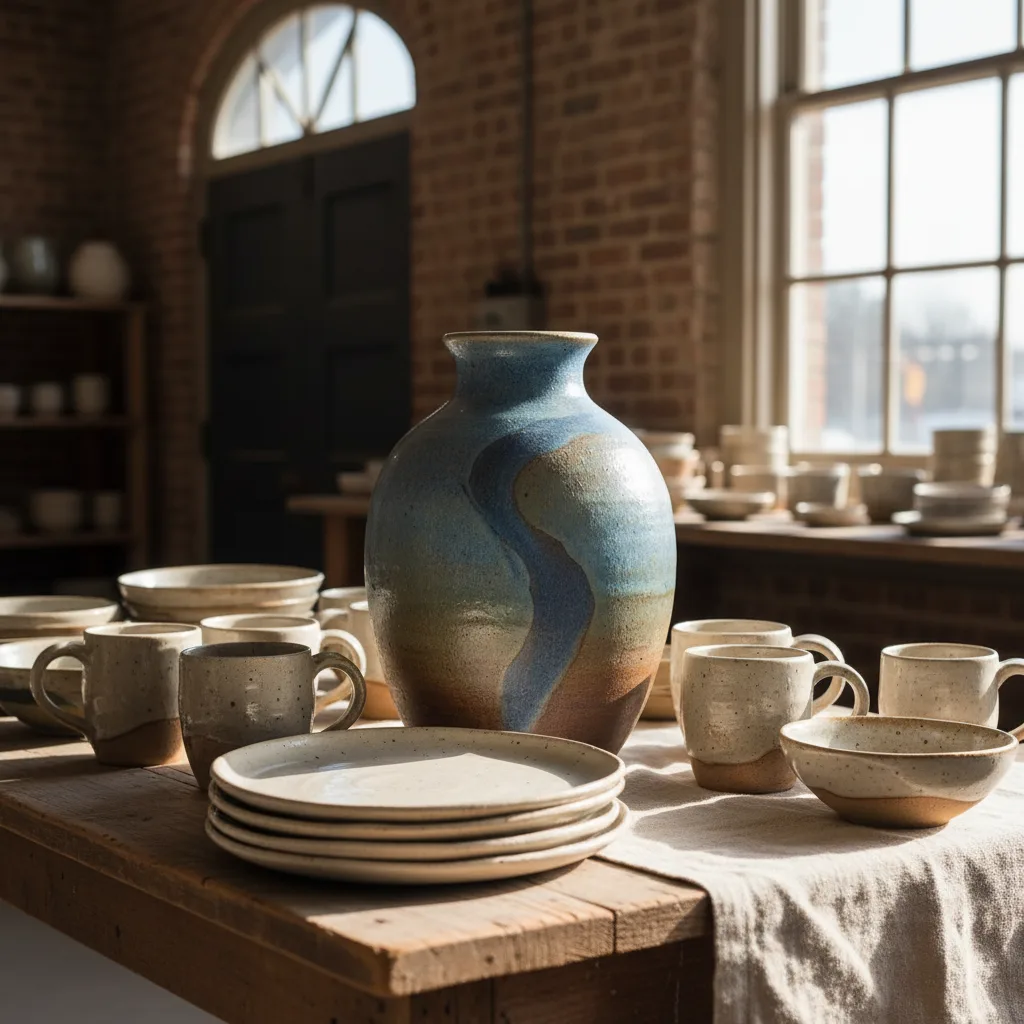 Handcrafted pottery and wooden vessels arranged with dried florals on a sunlit wooden table