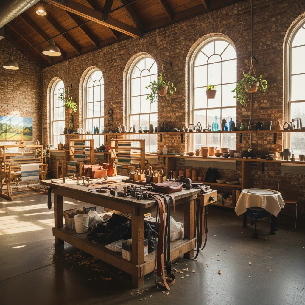 Warm interior of our Nashville studio with handcrafted goods