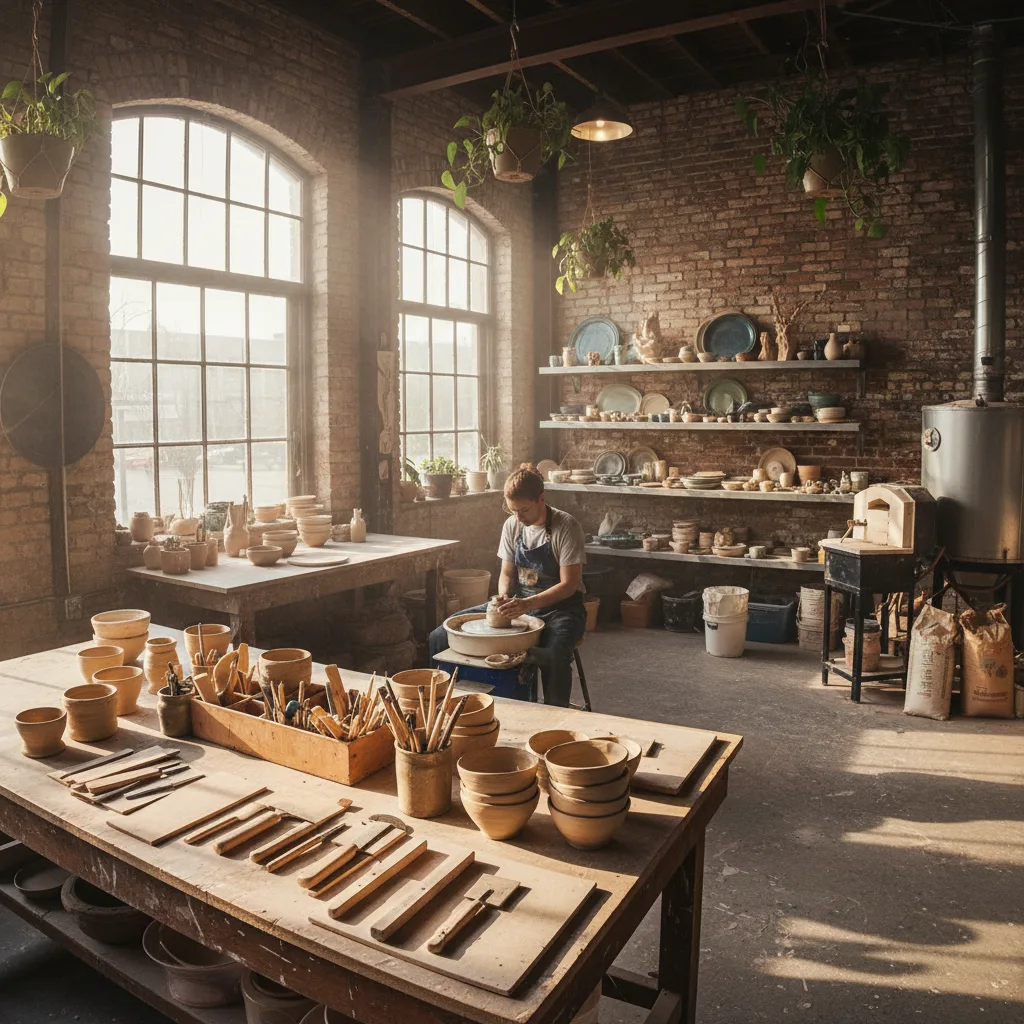Inside a sunlit Nashville artisan workshop filled with handmade ceramics and woodworking tools