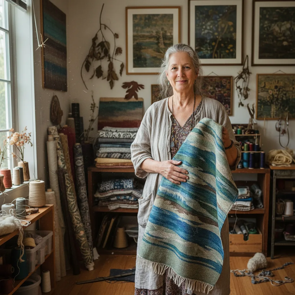 Ruth Ann Weaver at her loom with handwoven fabric