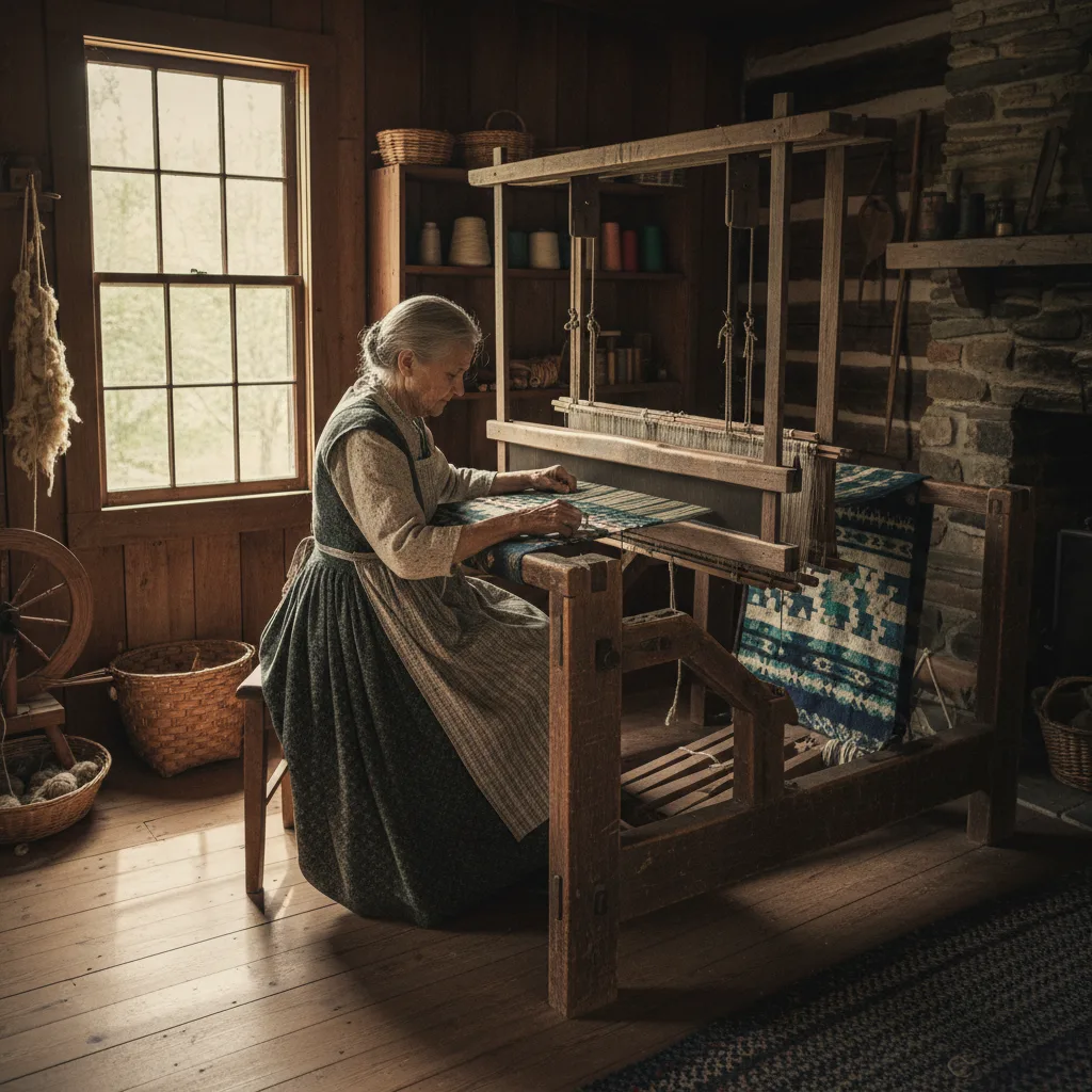 Lila Beaumont working at her century-old floor loom surrounded by natural dyed yarns